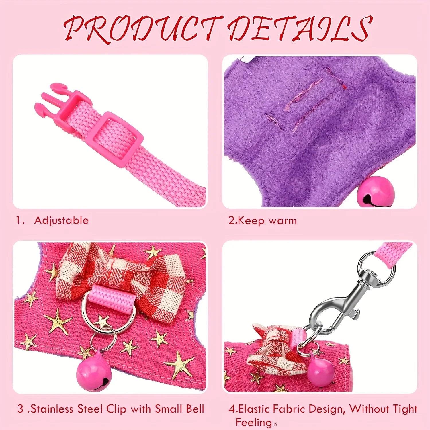 Product details of a pink pet harness with adjustable strap, warm material, stainless steel clip, and small bell on a pink background.