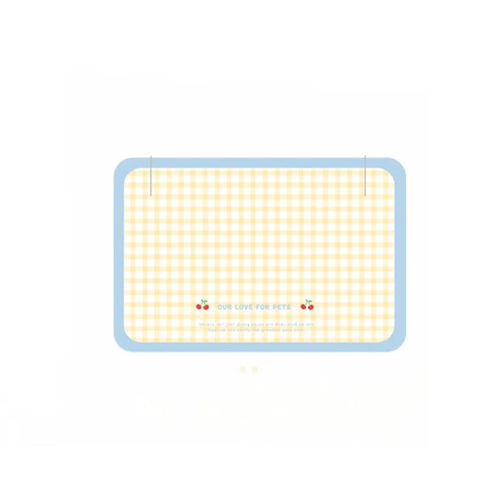 Rectangular yellow checkered mat with blue border on a white background