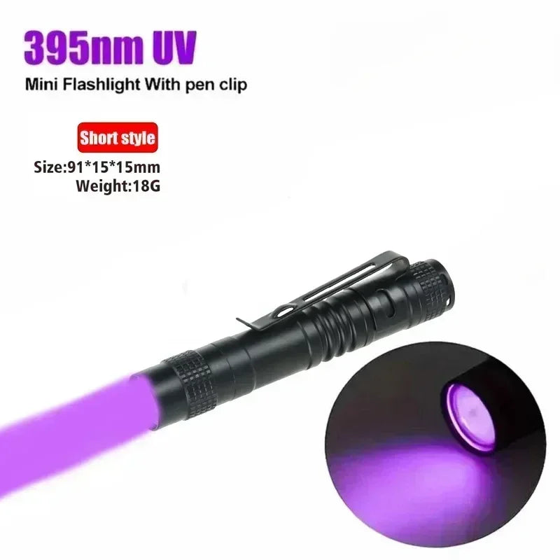 395nm UV mini flashlight with pen clip on a white background