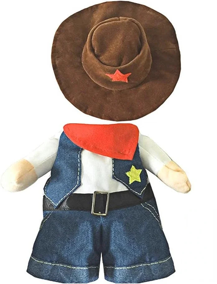 Toy cowboy outfit with hat, vest, and shorts on a white background