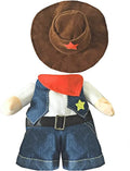 Toy cowboy outfit with hat, vest, and shorts on a white background