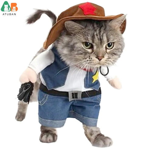 Cat wearing a cowboy costume with a hat, vest, and boots on a white background