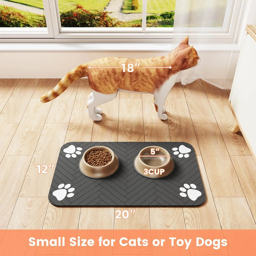 Pet mat with measurements on a wooden floor with a cat walking by.