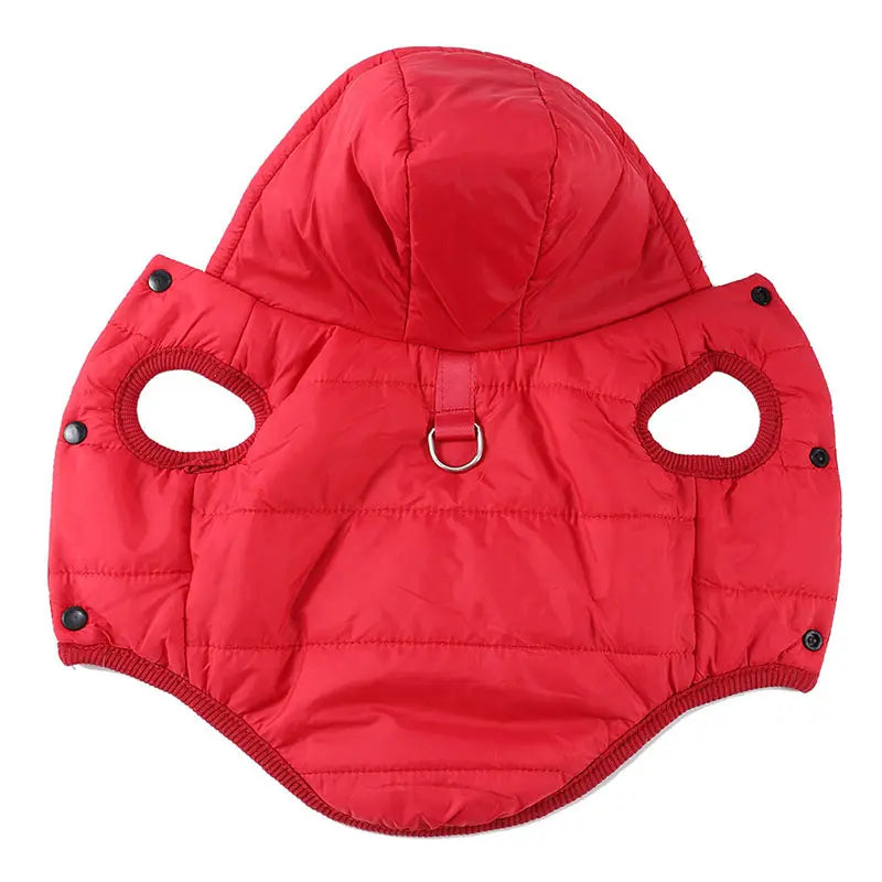 Red pet coat with hood and heart-shaped arm holes on a white background