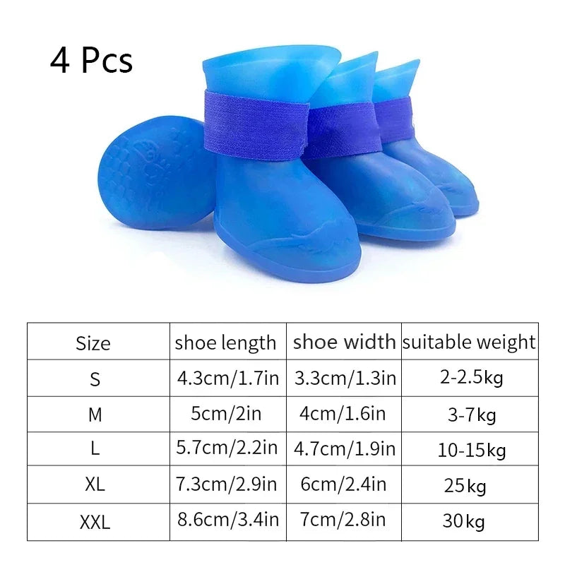Set of blue pet rain boots with size chart on a white background