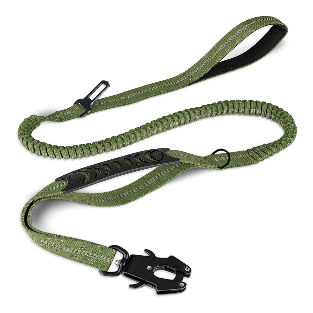 Green dog leash with black clip on a white background