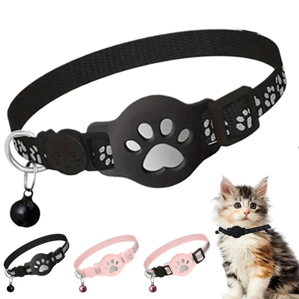 Black and pink cat collars with paw design and a cat wearing one of them on a white background