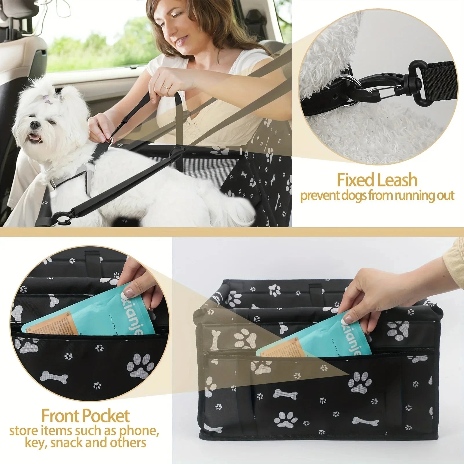 Pet car seat with leash and front pocket, showing how to use it safely.
