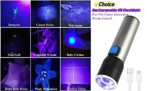 UV flashlight with images of substances it can detect on a black background
