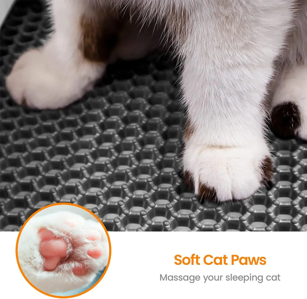 Cat paws on a textured mat with a close-up of soft cat paws and text 'Soft Cat Paws' at the bottom.