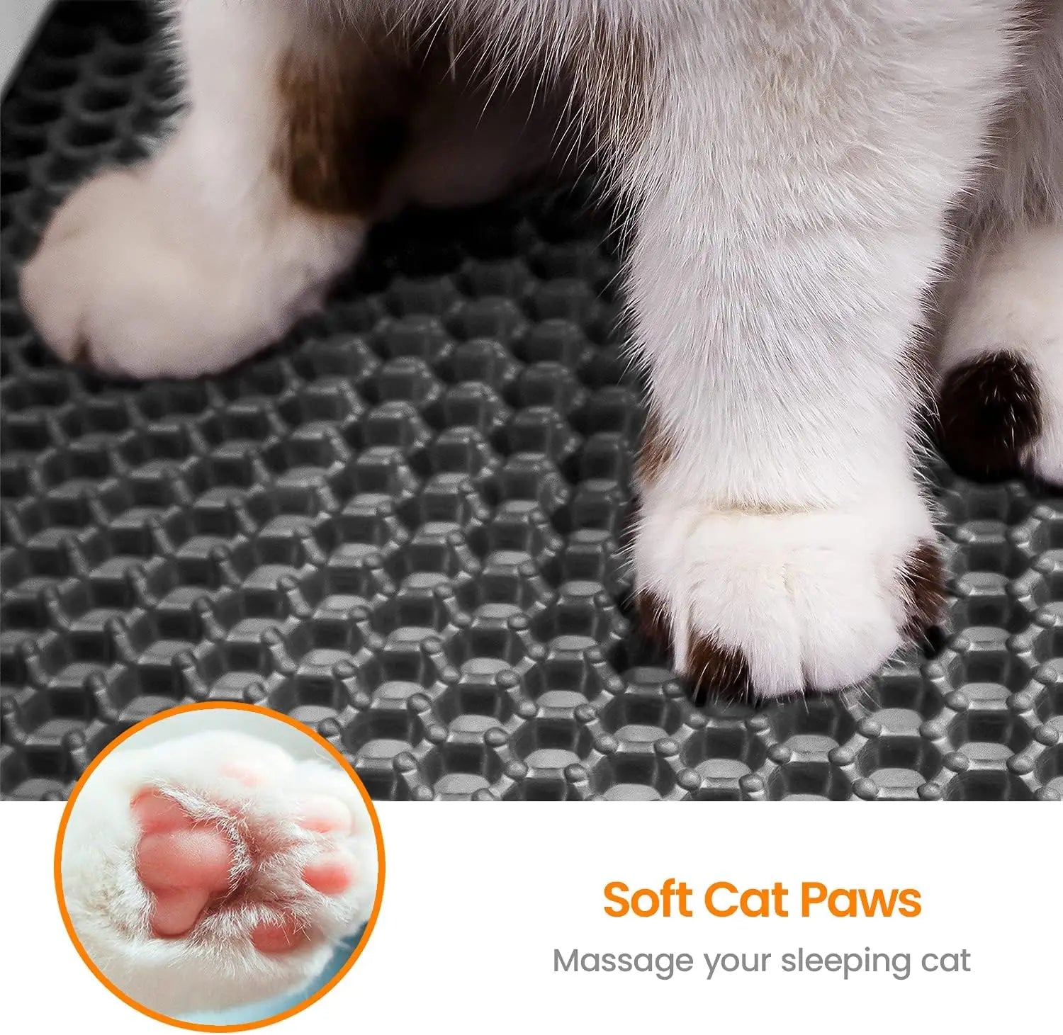 Cat paws on a textured mat with a close-up of soft cat paws and text 'Soft Cat Paws' at the bottom.