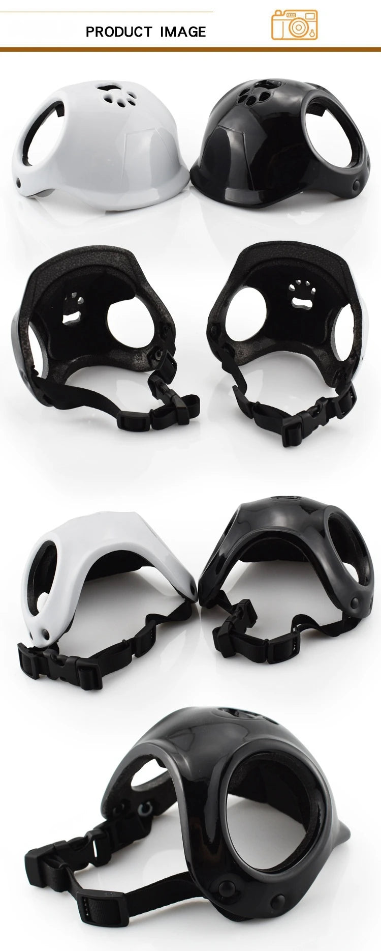 Set of black and white dog helmets on  a white background