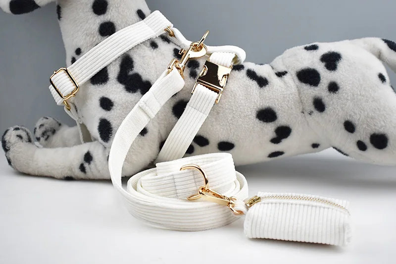 White dog harness and leash set with gold hardware on a Dalmatian toy.