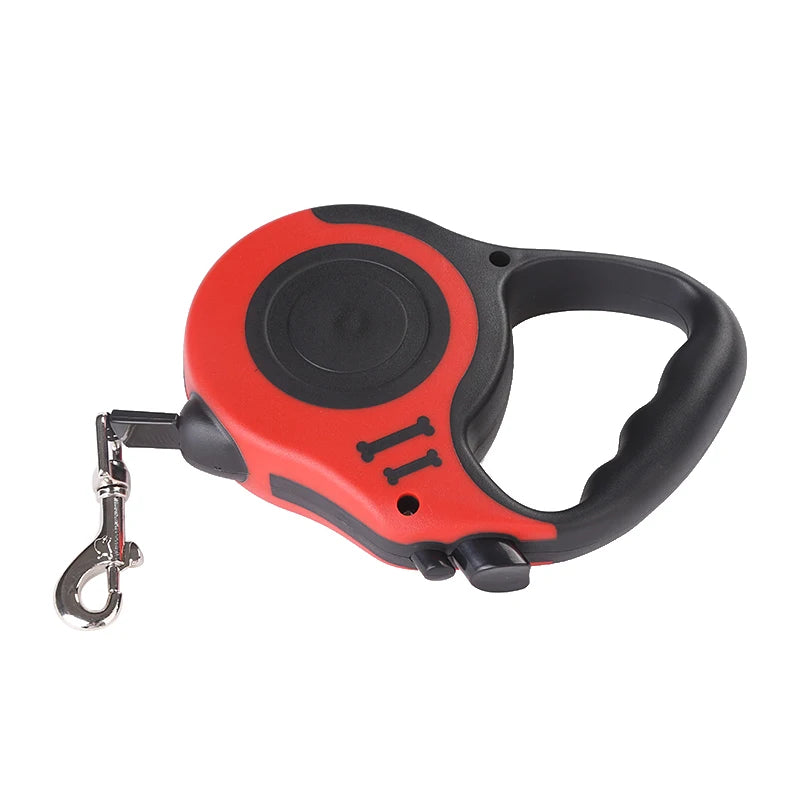 Red and black retractable dog leash on a white background