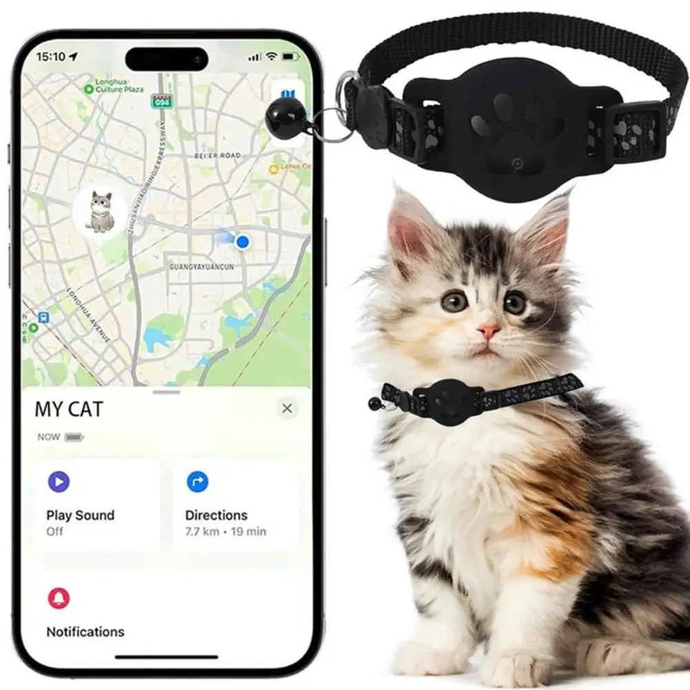 Smart cat collar with a smartphone app displaying tracking features, next to a small kitten.
