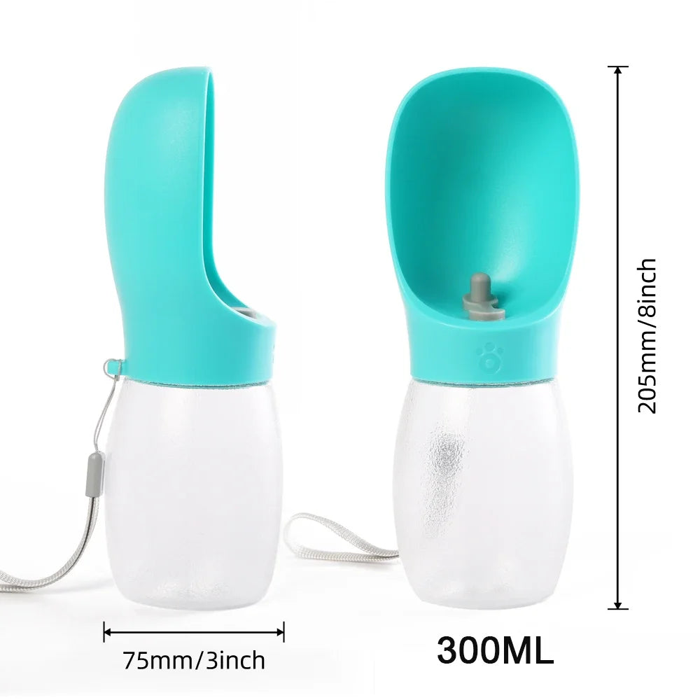 Turquoise and white portable pet water bottle with measurements on a white background