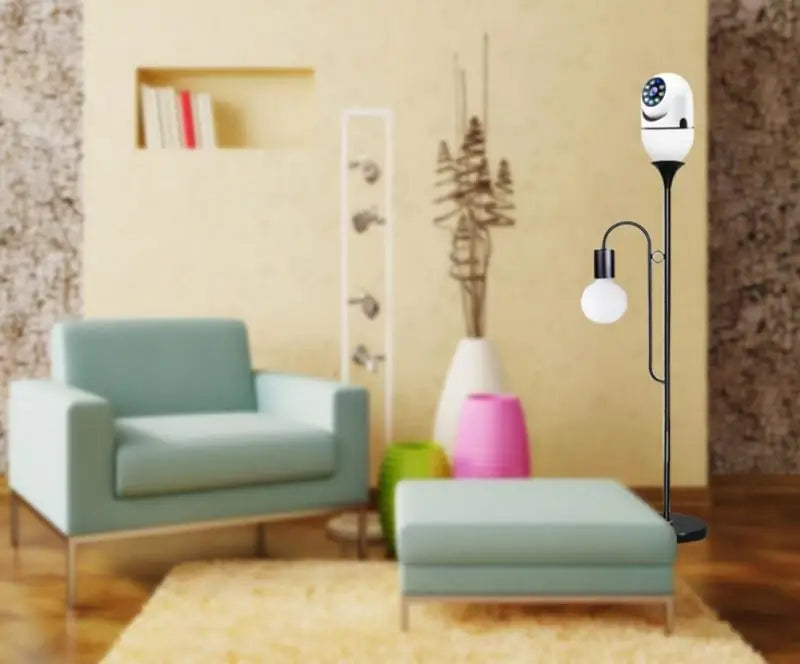 Smart home security camera on a floor lamp in a living room setting.