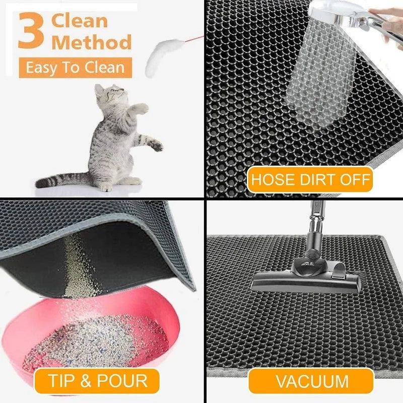Cleaning method for a cat litter mat with text and images of cleaning actions.
