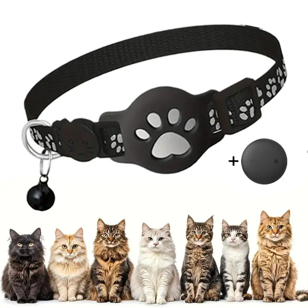 Cat collar with paw design and bell, surrounded by cats on a white background