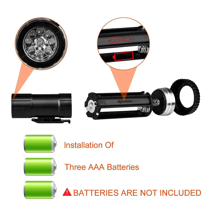 Black flashlight with AAA battery installation instructions on a white background