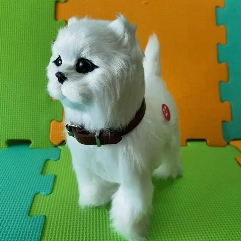 White dog toy with a brown collar on a green and orange foam mat