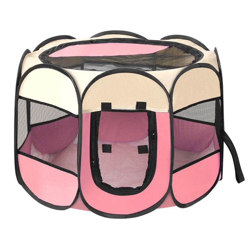Pink and beige pet playpen with mesh sides on a white background