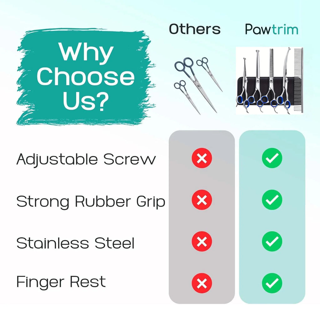 Comparison chart of grooming tools with 'Pawtrim' brand highlighted.