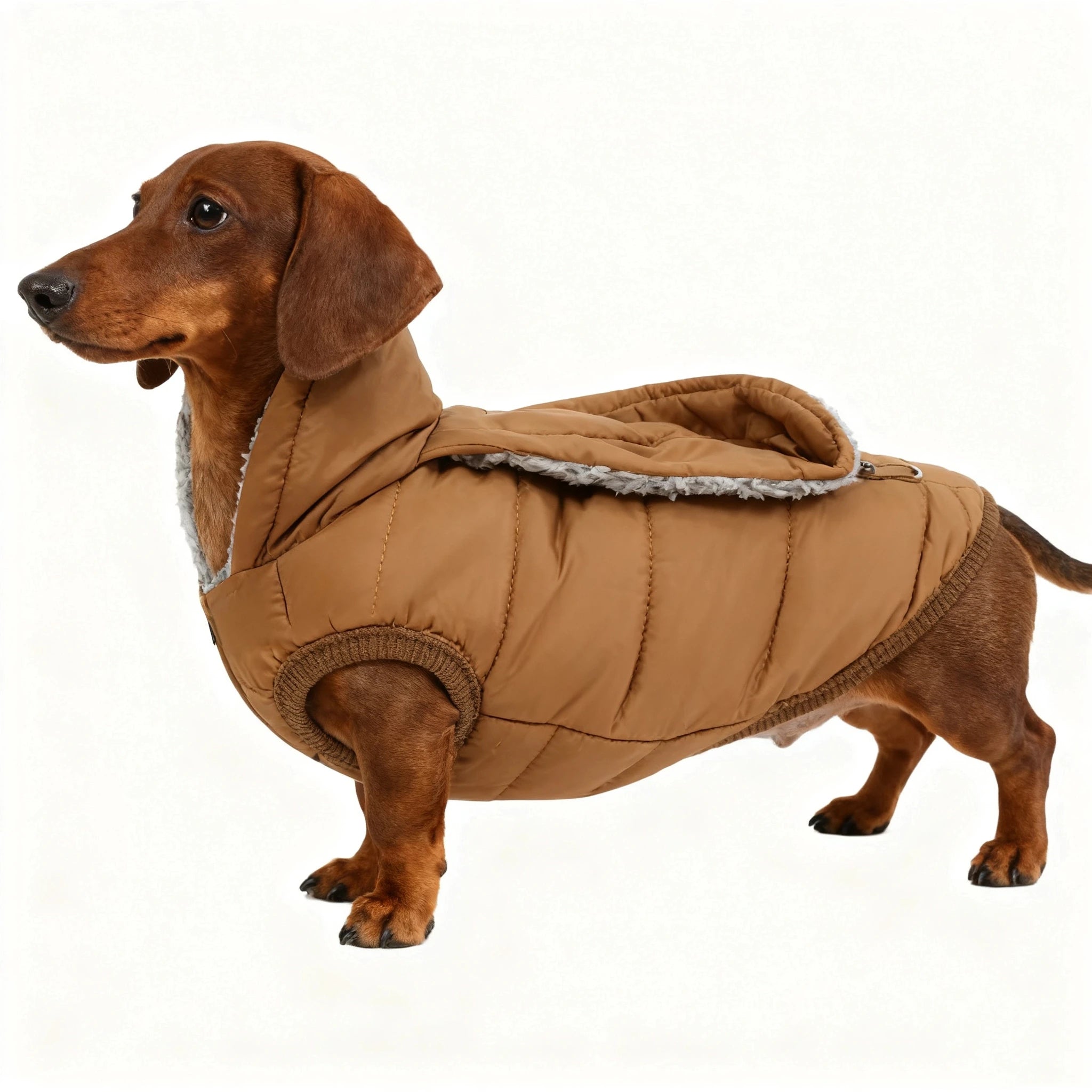 Dachshund wearing a brown puffer coat on a white background