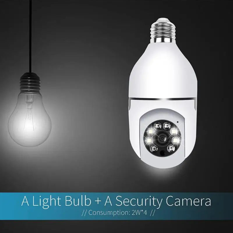Light bulb and security camera on a dark background with text indicating dual functionality.