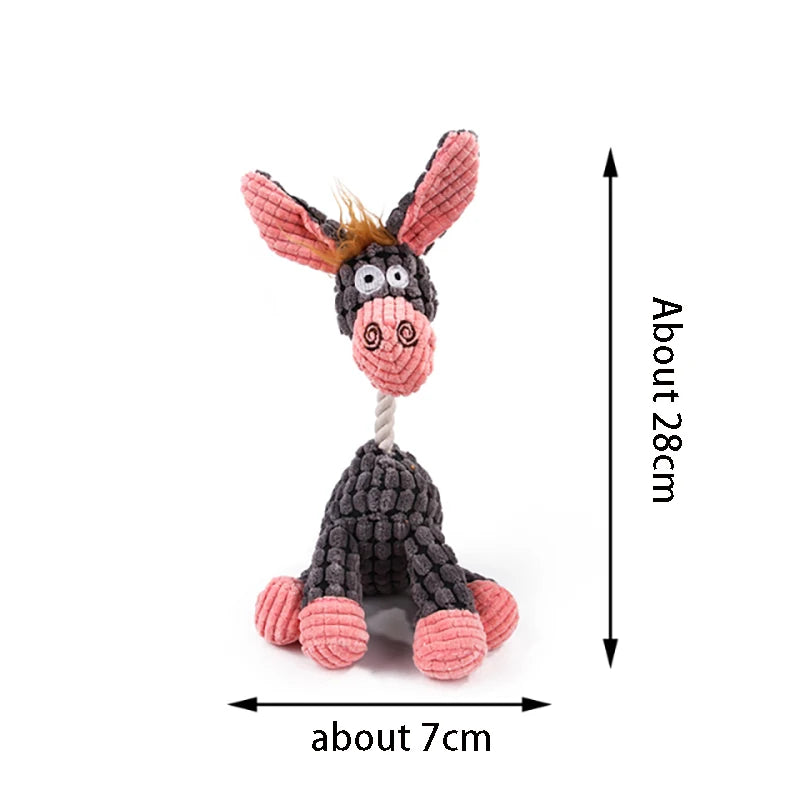 Knitted donkey toy with measurements on a white background