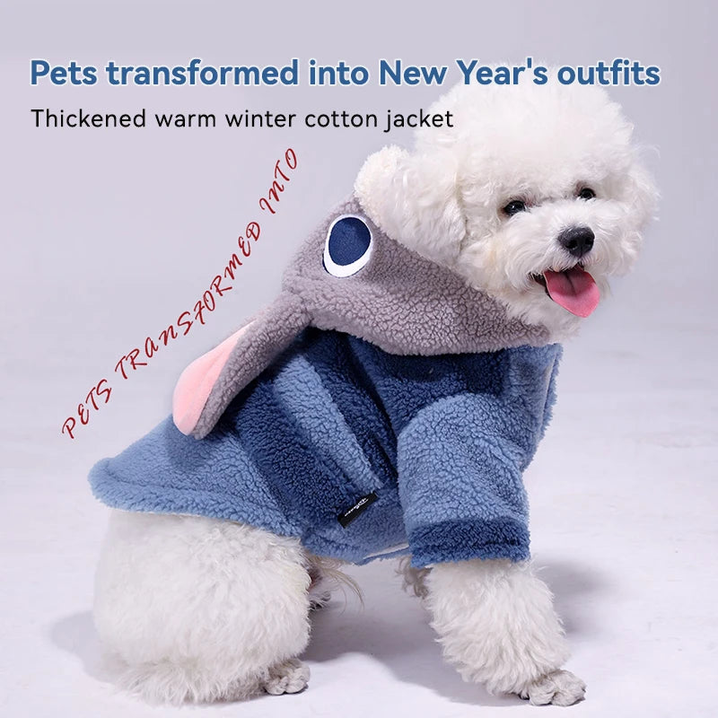 Dog wearing a blue and gray winter coat with text about pets in New Year's outfits.