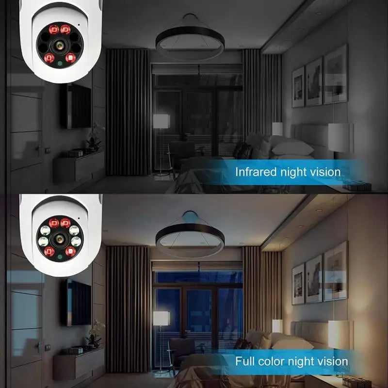 Comparison of infrared night vision and full color night vision in a modern bedroom setting.