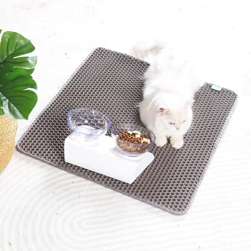 Cat lying on a textured mat with food and water bowls on a white surface.