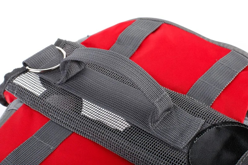 Red bag with gray straps on a white background