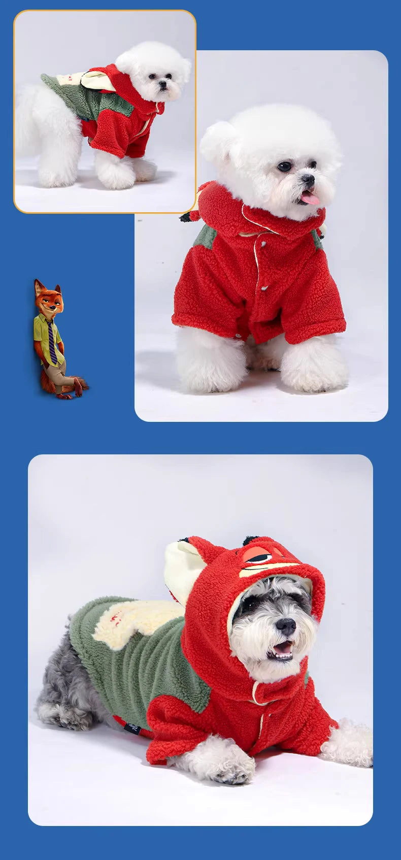 Collage of dogs wearing red and green hoodies with a small fox figurine on a blue background.