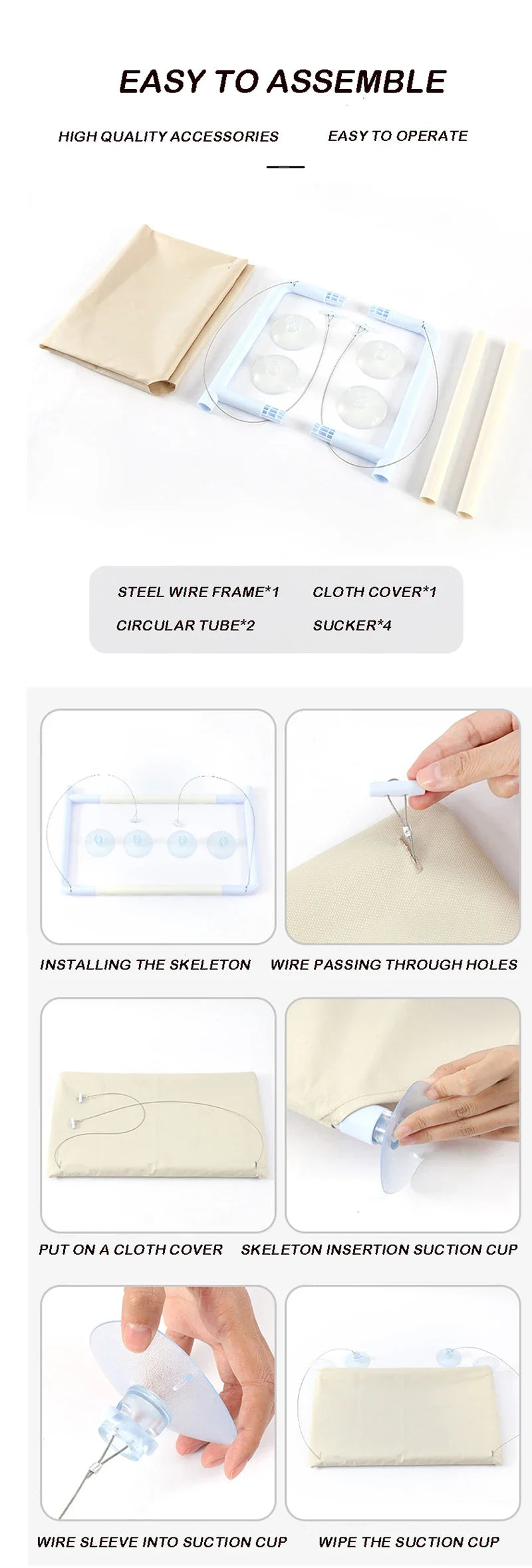 Step-by-step assembly instructions for a product with text on ease of assembly.