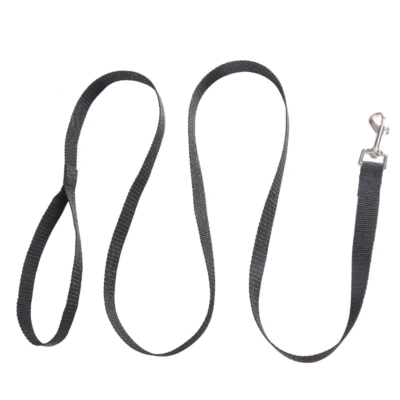 Black dog leash with a silver clip on a white background