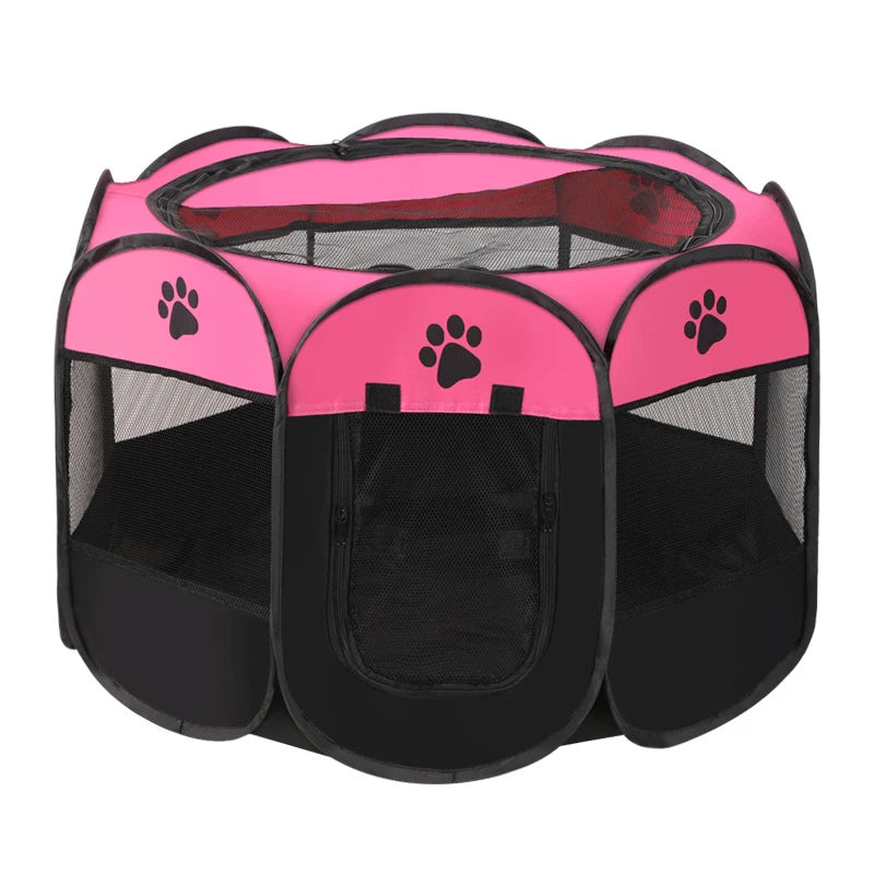 Pink and black pet playpen with paw prints on a white background