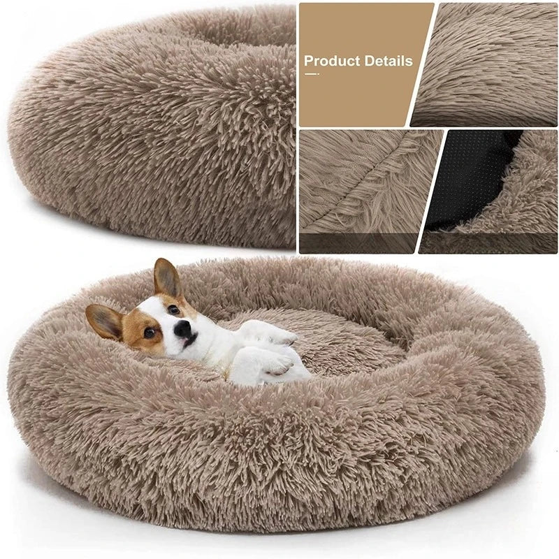 Fluffy brown pet bed with a dog inside, surrounded by close-up details on a white background.