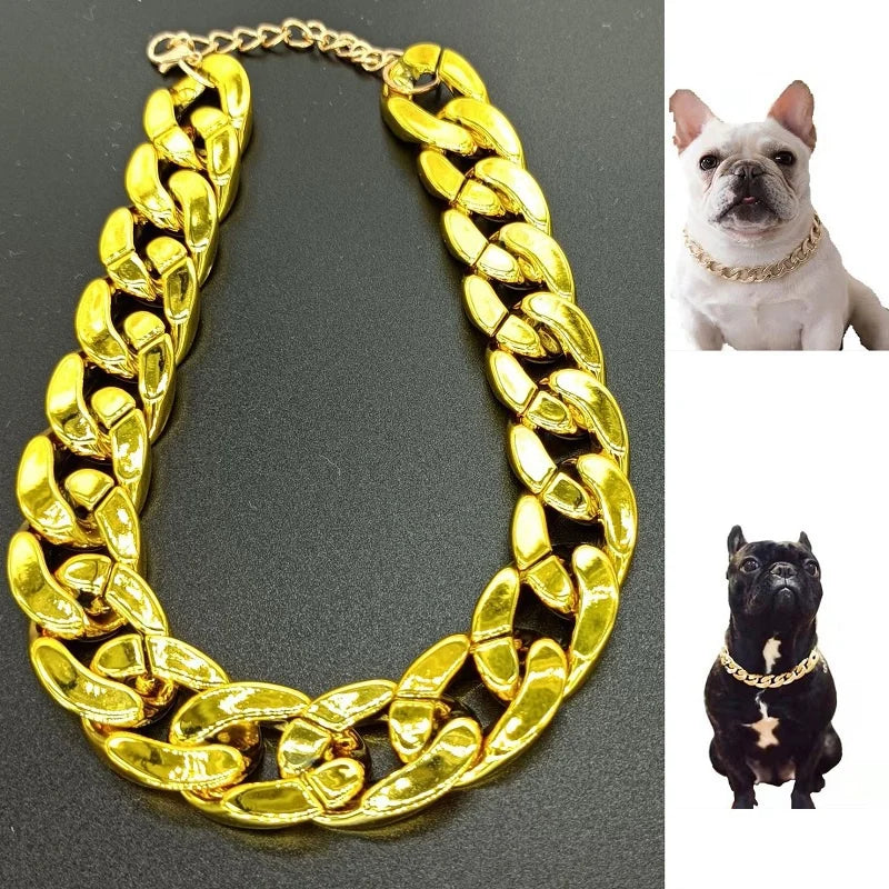 Gold chain necklace on a dark background with two dogs wearing gold chains inset.