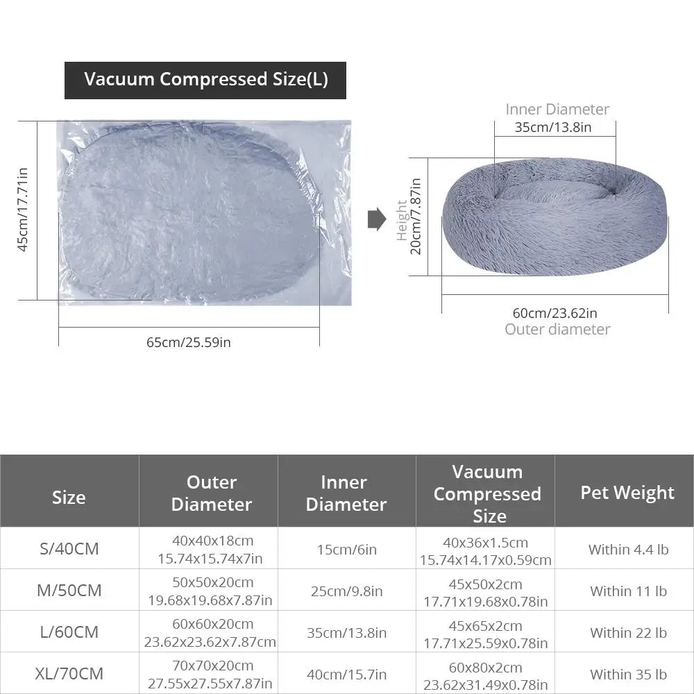Measurement chart for vacuum compressed pet bed with dimensions and weight capacity.