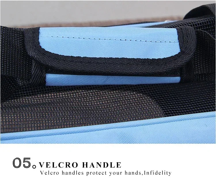 Close-up of a velcro handle on a bag with text explaining its use.
