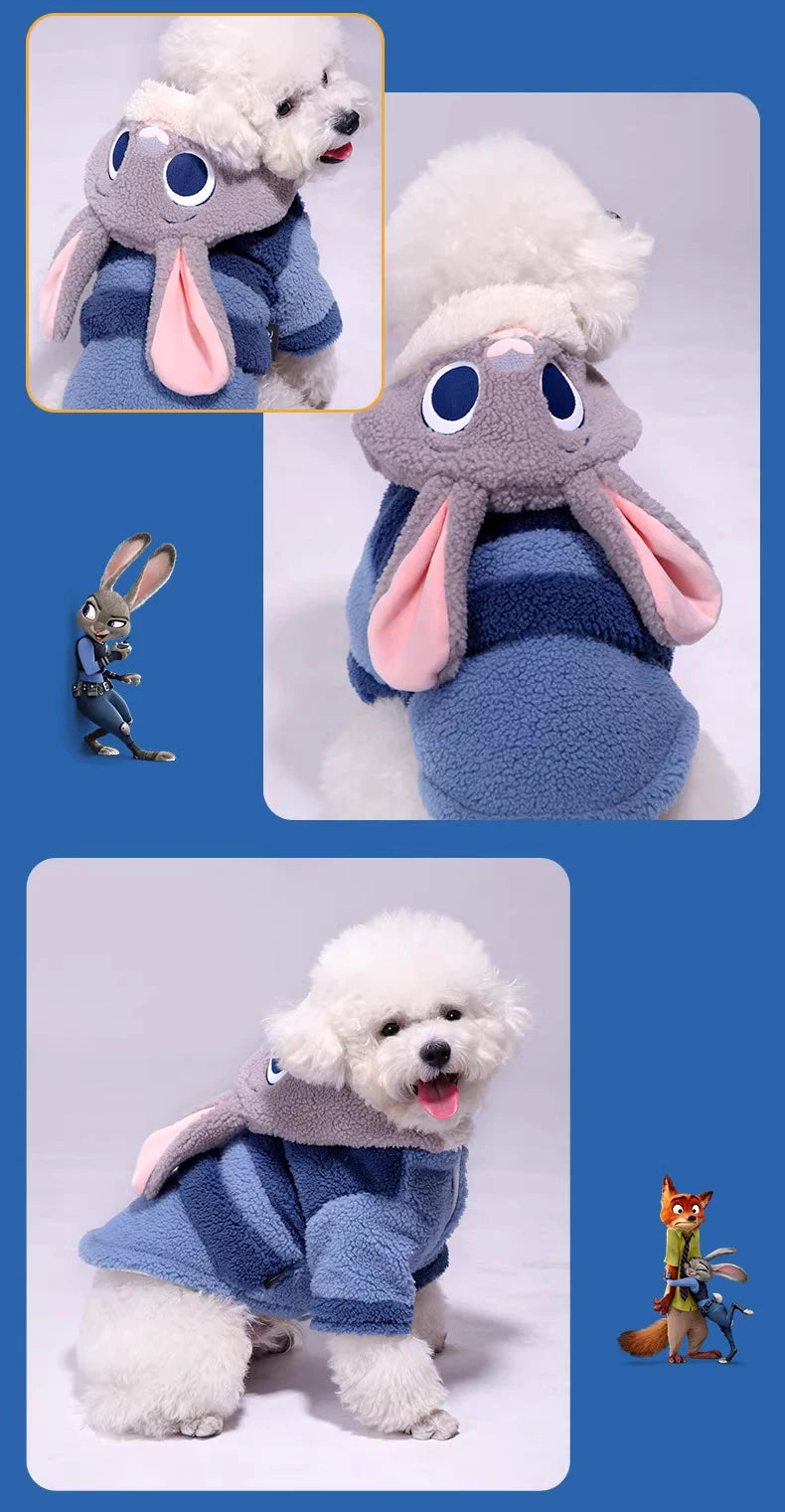 Dog wearing a costume with cartoon character design on a blue background