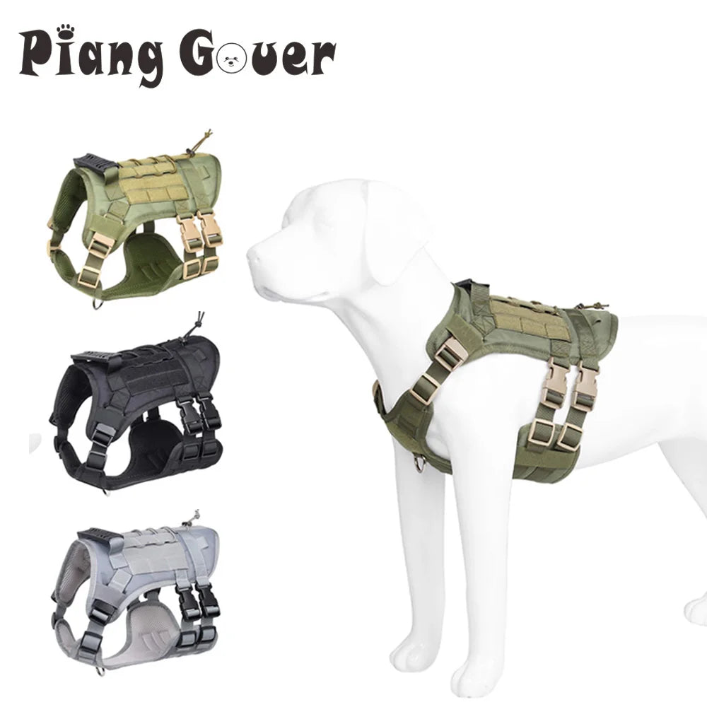 Three tactical dog harnesses in green, black, and gray on a mannequin 