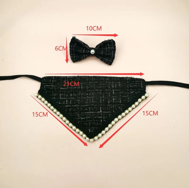 Black bow tie and triangular bandana with pearl embellishments, shown with measurements on a beige background.