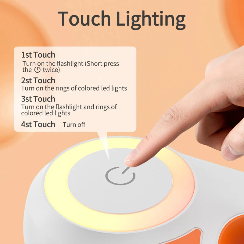 Hand interacting with a touch-controlled lighting device on an orange background