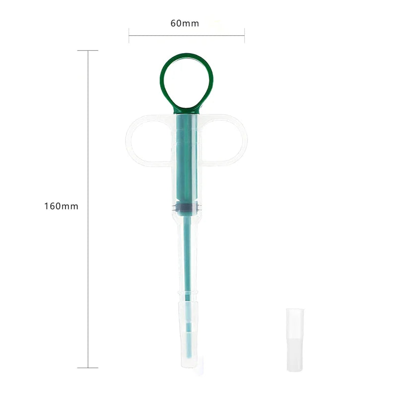 Measurement chart of a green syringe with dimensions labeled on a white background