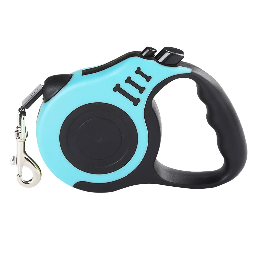 Retractable dog leash with blue casing and black handle on a white background