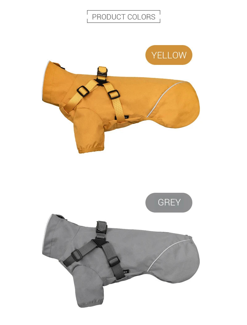Yellow and gray dog coats with harnesses on a white background