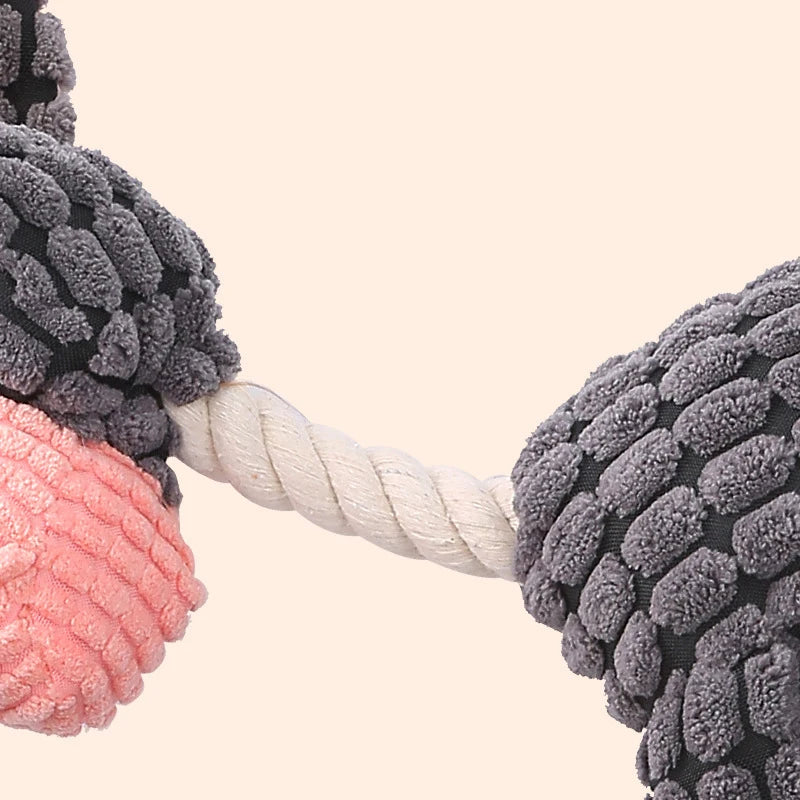 Close-up of a textured ball and rope toy on a beige background